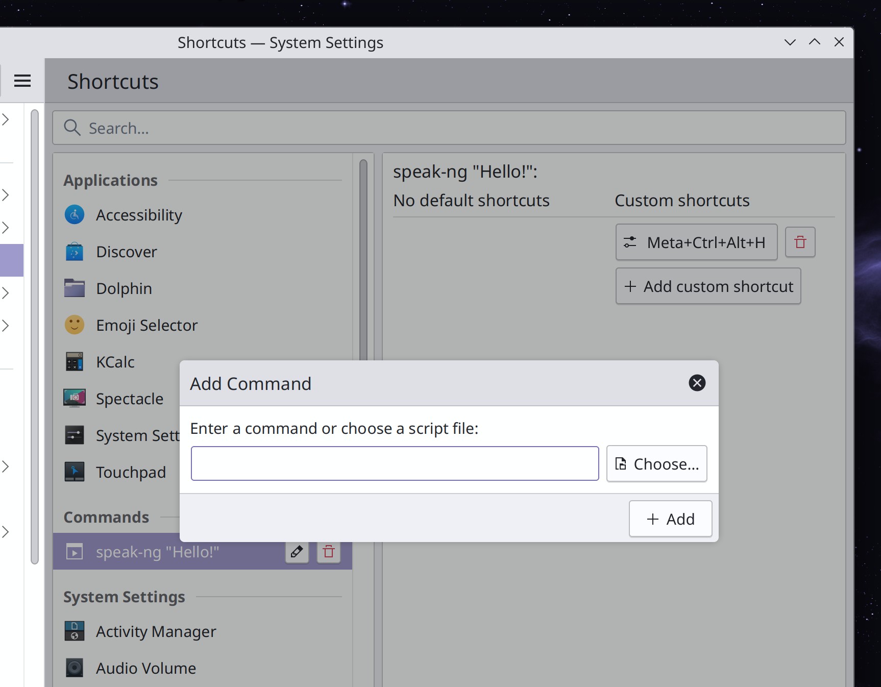 Add Command window showing "Choose" button beside text field