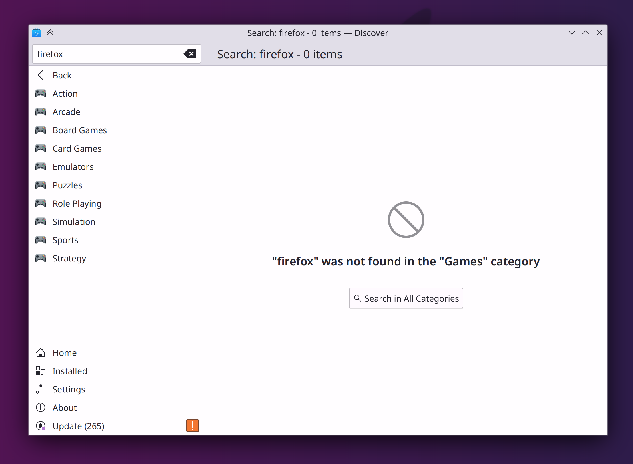 Discover main window showing a search for firefox on the games page, with a placeholder message saying 'firefox was not found in the games category' and a button to search everywhere