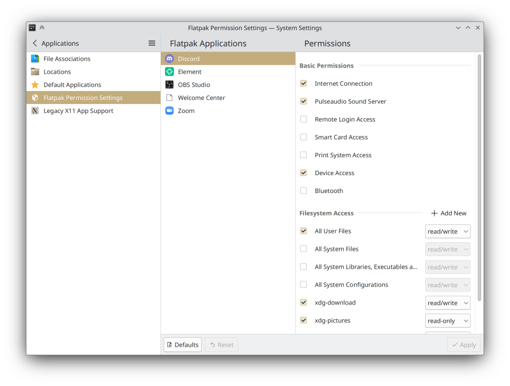 System Settings "Flatpak Permissions" page showing frameless style