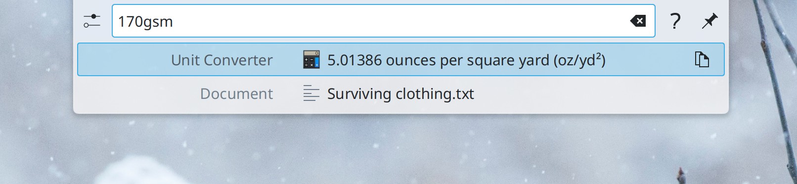 KRunner showing conversion from 170 grams per square meter to 5.013 ounces per square yard