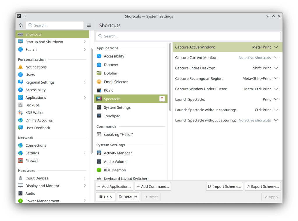 System Settings "Shortcuts" page showing frameless style