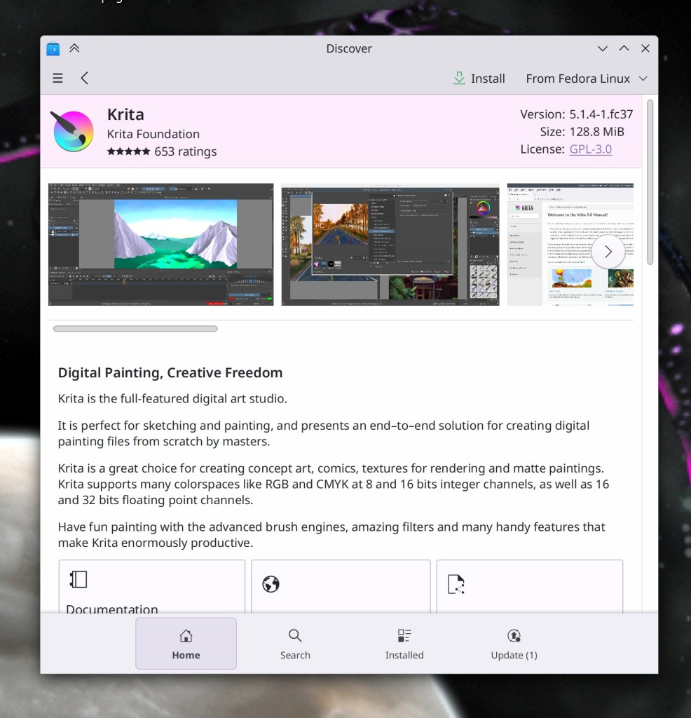 Discover window showing new header layout for Krita app