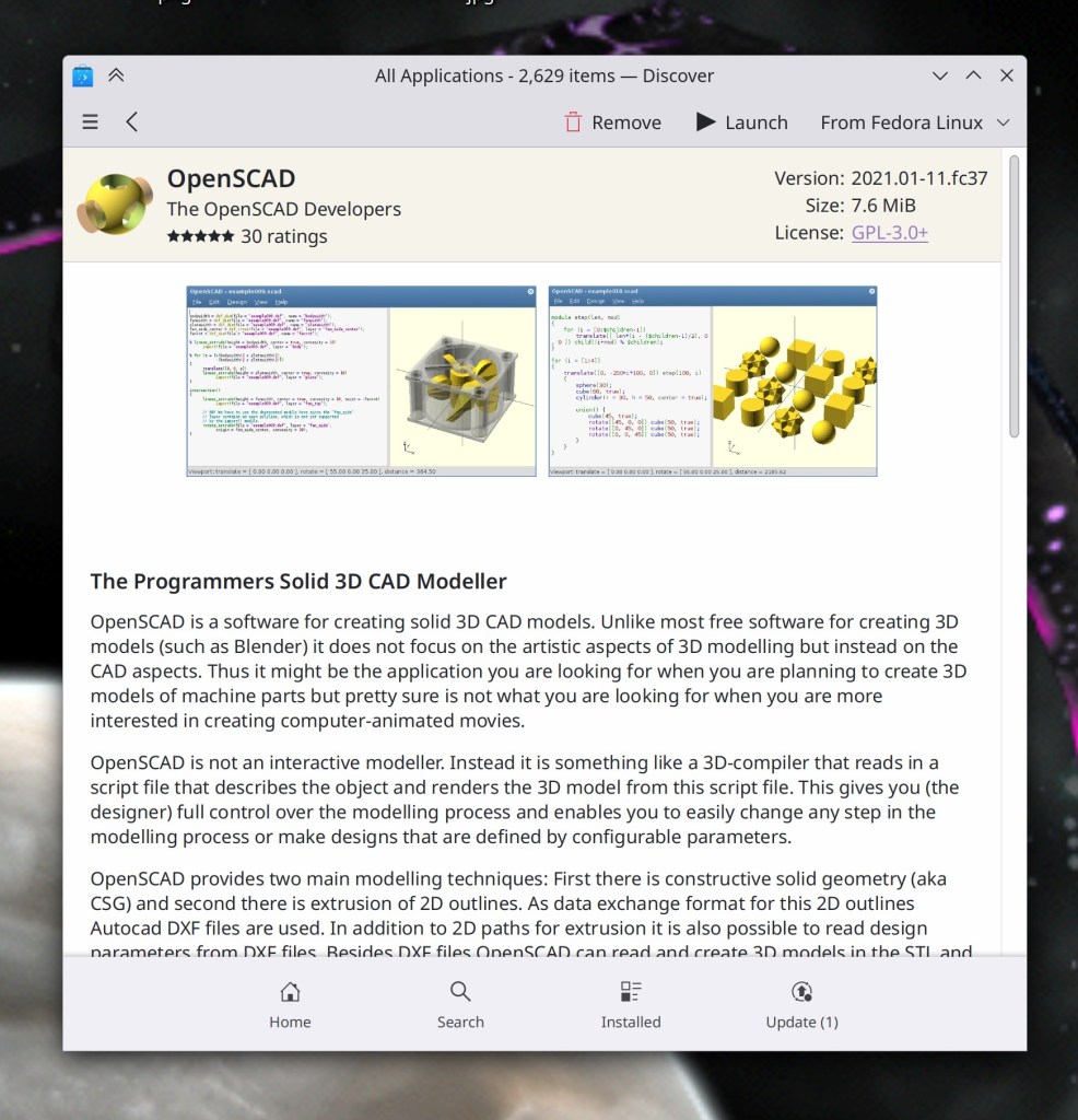 Discover window showing new header layout for OpenScad app
