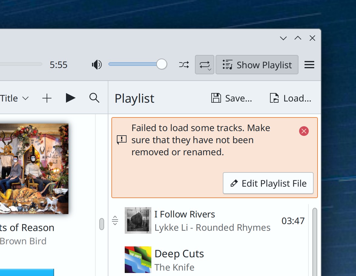 Part of Elisa music player's main window showing inline error message that says, "Failed to load some tracks. Make sure they have not been removed or renamed" plus a button labeled "Edit Playlist File"