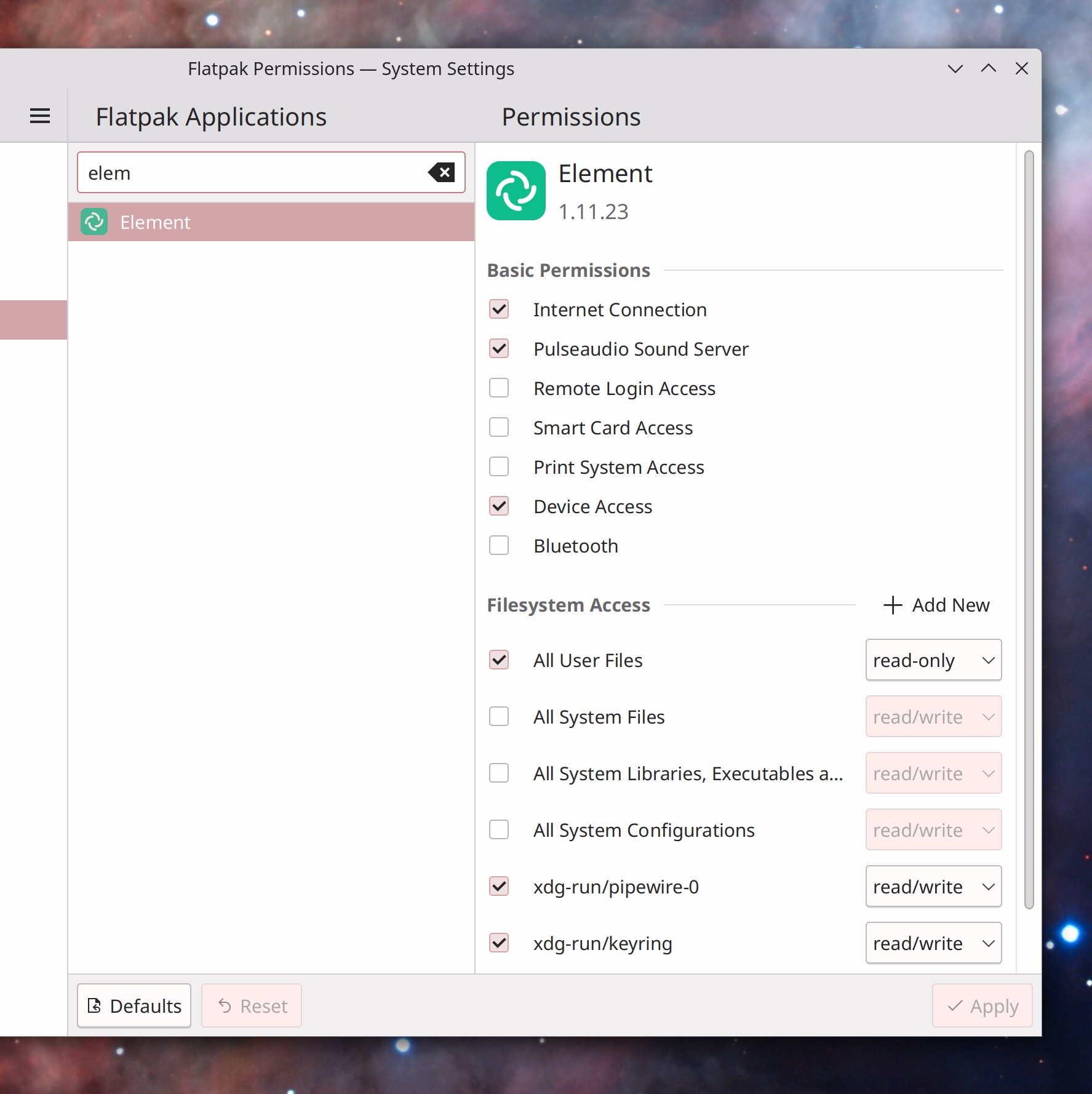 System Settings FlatpK Permissions page showing search field avoce the app list pane and large header over app permissions page
