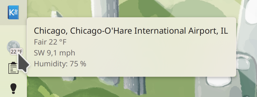 Weather Widget tooltip showing city name, temperature, wind speed, and humidity