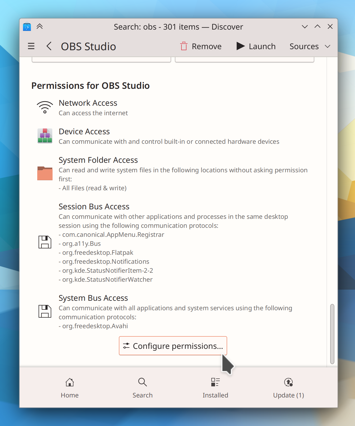 Discover window showing OBS packaged via Flatpak with list of permissions and "Configure Permissions…" button