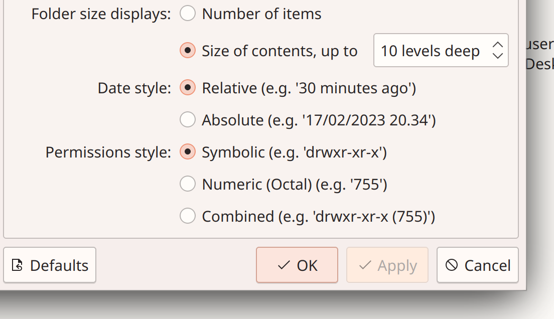 Dolphin settings window showing new setting to control "Permissions style", with the options "Symbolic (e.g. 'drwxr-xr-x')", "Numeric (Octal) (e.g. '755')", and "Combined (e.g. 'drwxr-xr-x' (755)')"