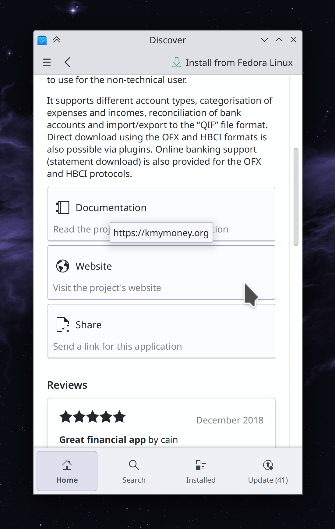 Discover mobile view showing "Documentation," Website," and "Share" buttons in a column