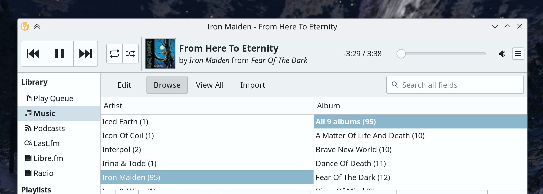Breeze-themed Rhythmbox window showing header with conjoined buttons, playing "From Here To Eternity, by Iron Maiden from Fear Of The Dark album