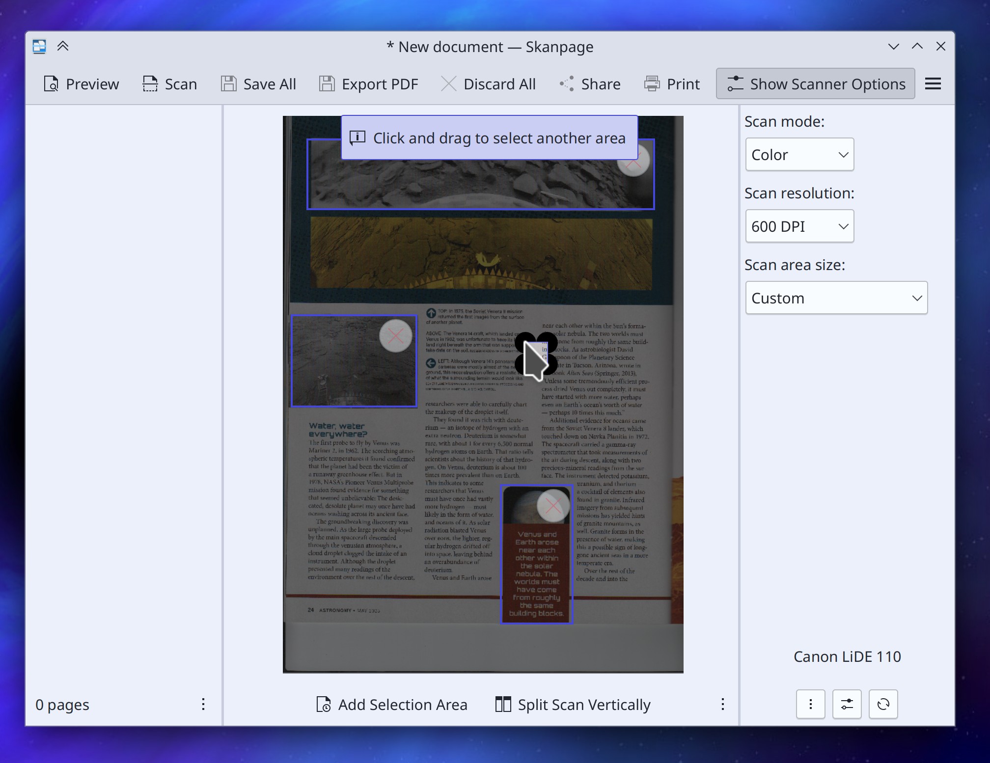 Skanpage window showing preview scan in center pane with three selected areas and message saying "Click and drag to select another area"