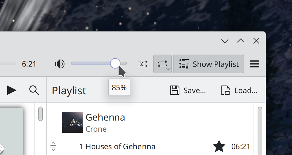 Elisa main window showing volume level tooltip that says "85%" below volume slider