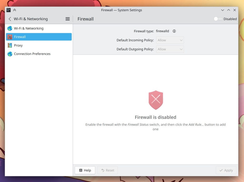 System Settings showing Firewall page, with a switch in the top-right corner in the disabled position and a placeholder message in the center