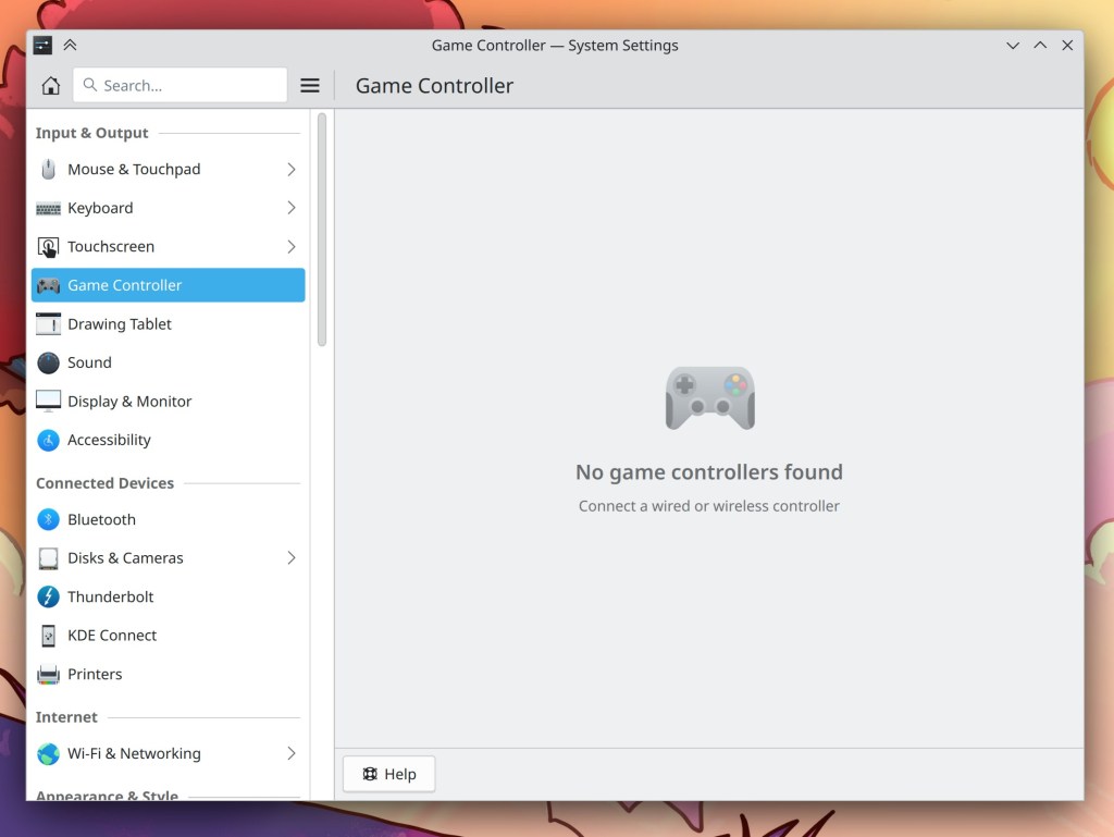 System Settings showing Game Controller page, showing a placeholder message instead of any game controllers