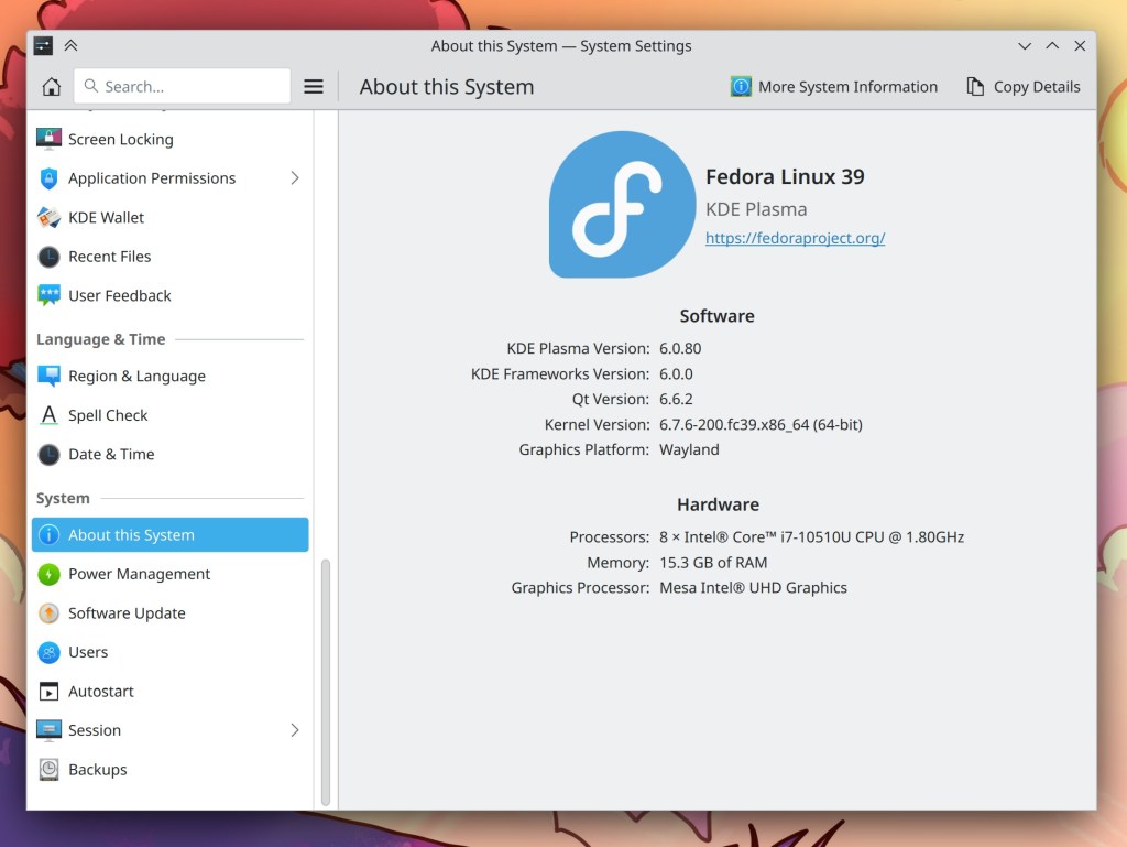 System Settings showing About this System page, showing multiple buttons in the top bar