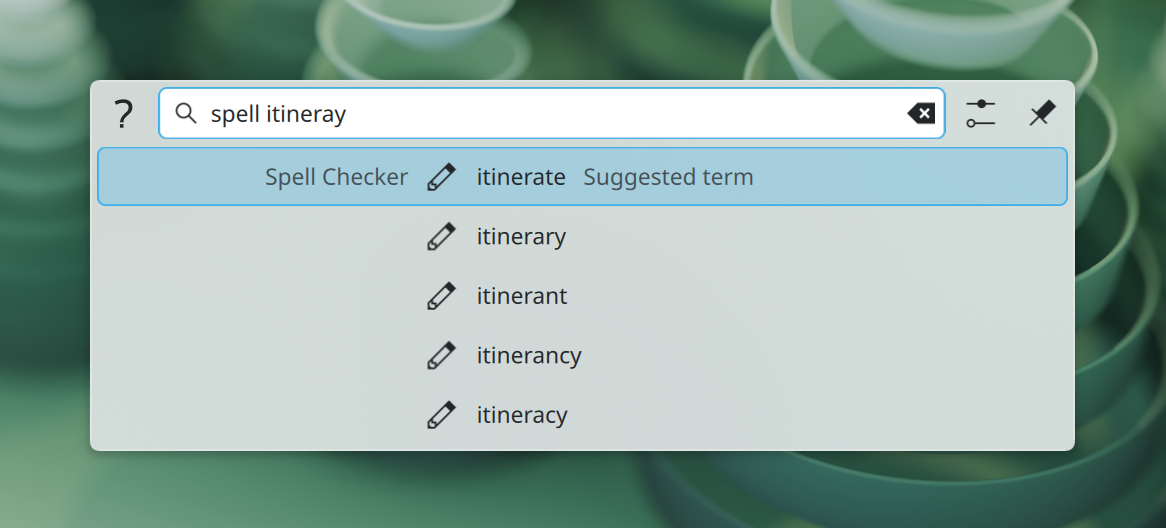 KRunner helps the user spell "itinerary" by suggesting it in response to being asked if "itineray" is a word